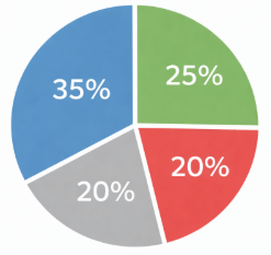 Pie chart showing four categories representing 35 percent, 25 percent, 20 percent, and 20 percent