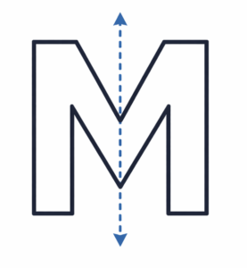Capital letter M with thick hollow lines and a vertical dotted line showing its line of symmetry